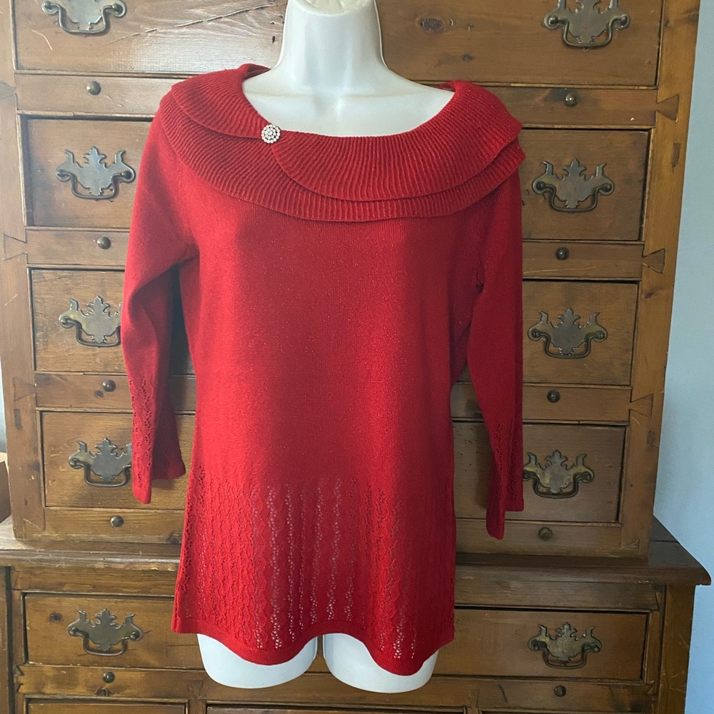 (A255) Petite Small New York Red Cowl Neck Sweater by Briggs NWTS